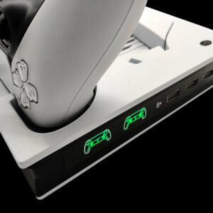 CoolRabbie PS5 charging station with 2 charging docks, 3 USB ports, 2 cooling fans and a head set stand.